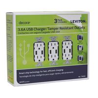 Leviton Decora USBコンセント 15AMP ホワイト 3個セット (T5632-3BW) / USB OUTLET 15A WHT 3PK