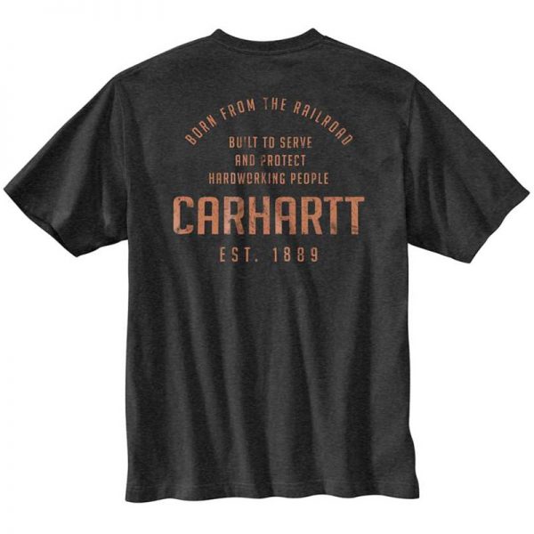 Carhartt ルーズフィットポケット付レイルロードグラフィック付厚地半袖Tシャツ/カーボンヘザー Style # 104608