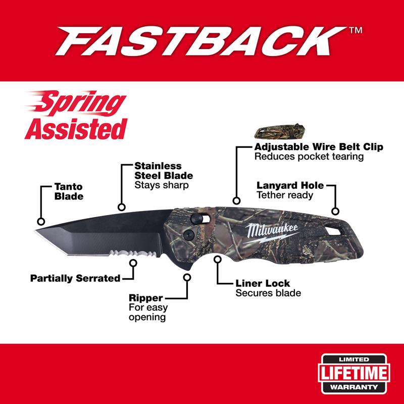 Milwaukee Fastback バネアシスト式ポケットナイフ カモフラージュ柄 (48-22-1535)