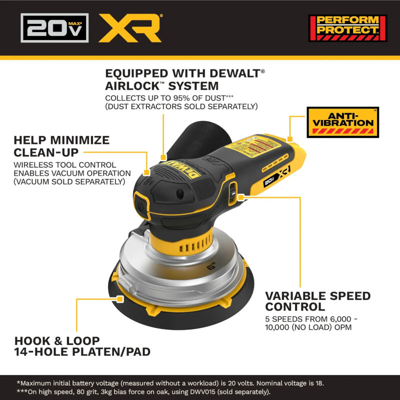DeWalt 20V XR コードレス式ランダムオービットサンダー 6inch